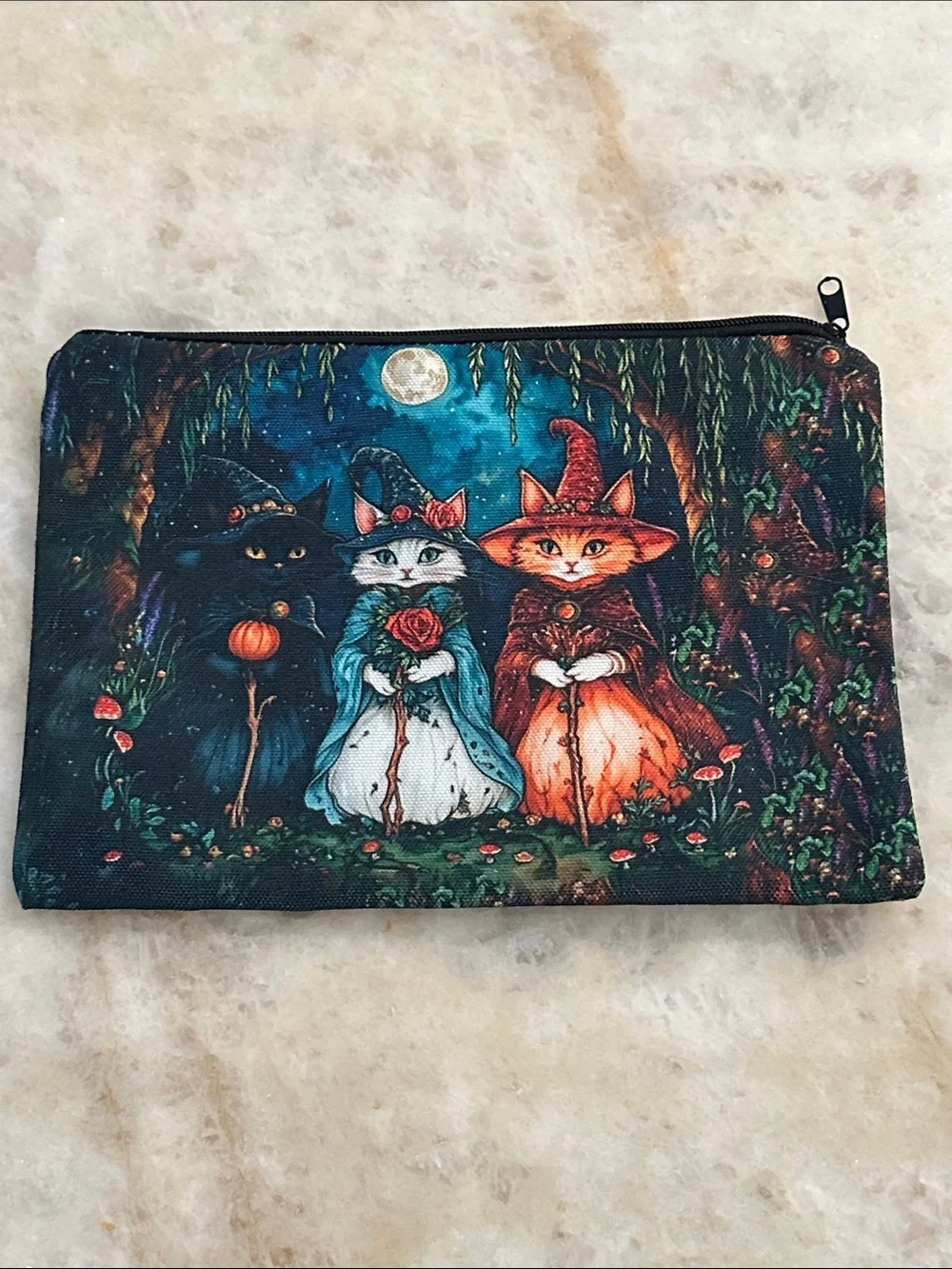 Witch Cat Print Zipper Pouch - Black/Multicolor